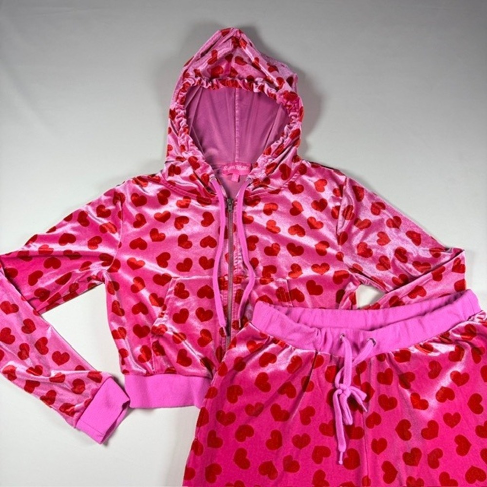 Sugar Thrillz Pink Red Heart Velvet Cropped Zip Up Hoodie Valentine SEE NOTE